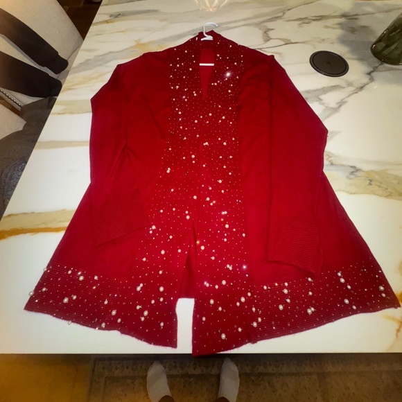 Nu Look Red Cardigan Sweater w/pearls & Crystals around trim sz xl - Picture 2 of 5